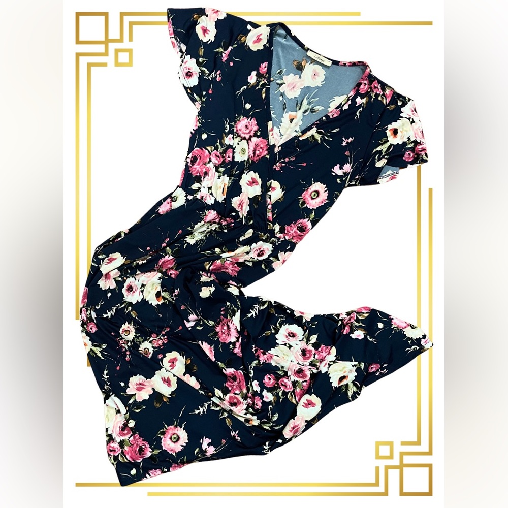 Deep V-Neck Floral Print High Low Dress